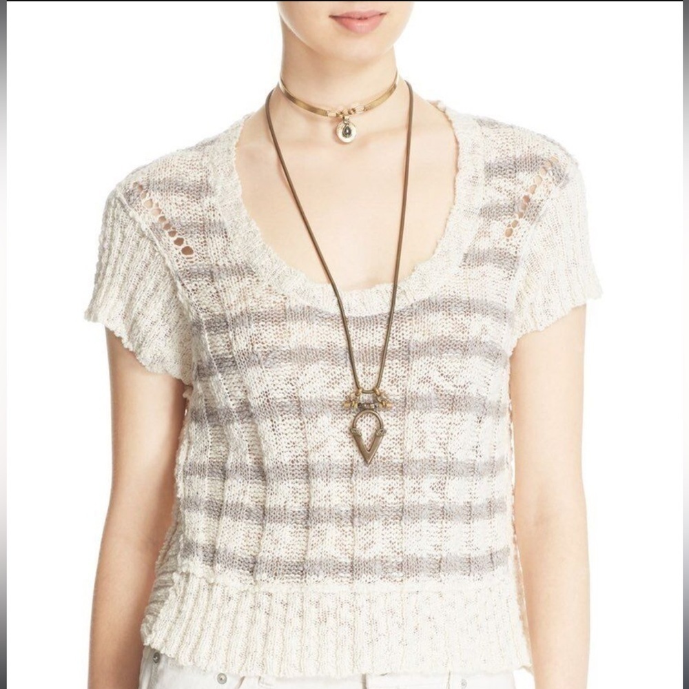 Free People Ivory Combo Stripe Rib Knit Sweater Tee
